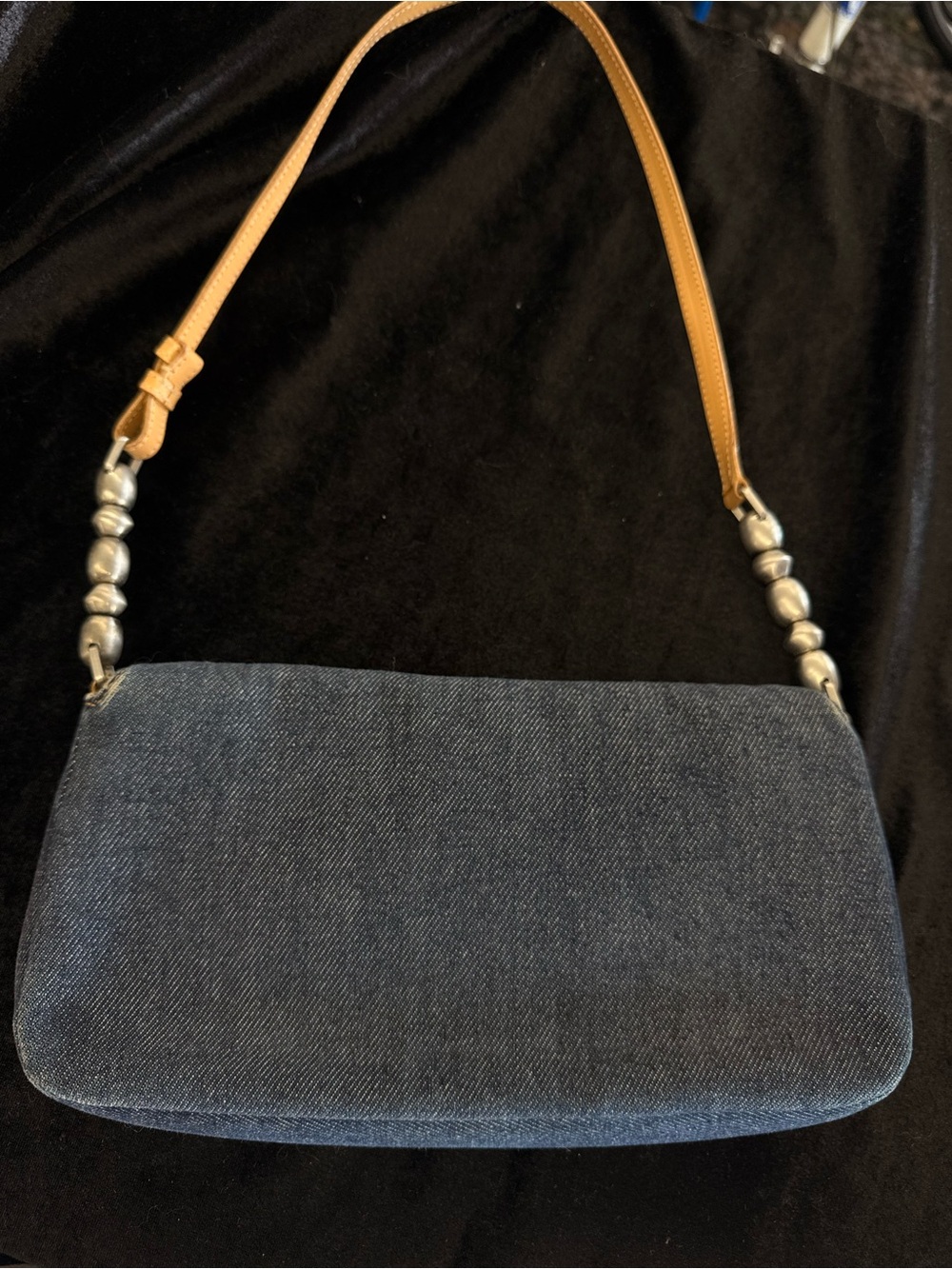 Vintage Dior Blue Denim Shoulder Bag with Tan Strap and Silver Accents - Picture 6 of 13